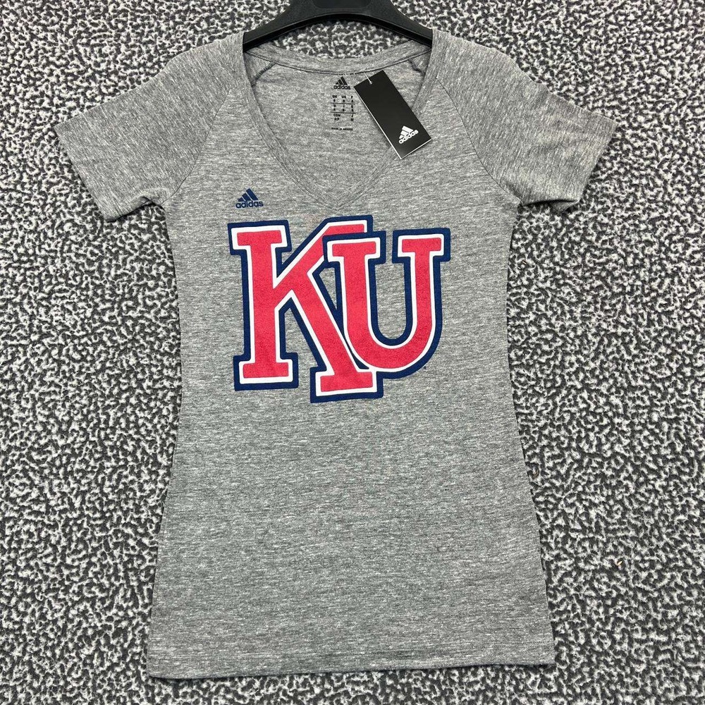 Kansas Jayhawks Shirt Women Small Gray Adidas Short Sleeve V-Neck New S